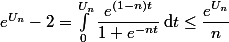 e^{U_n}-2=\int_0^{U_n}\dfrac{e^{(1-n)t}}{1+e^{-nt}}\,\text{d}t\leq \dfrac{e^{U_n}}{n}